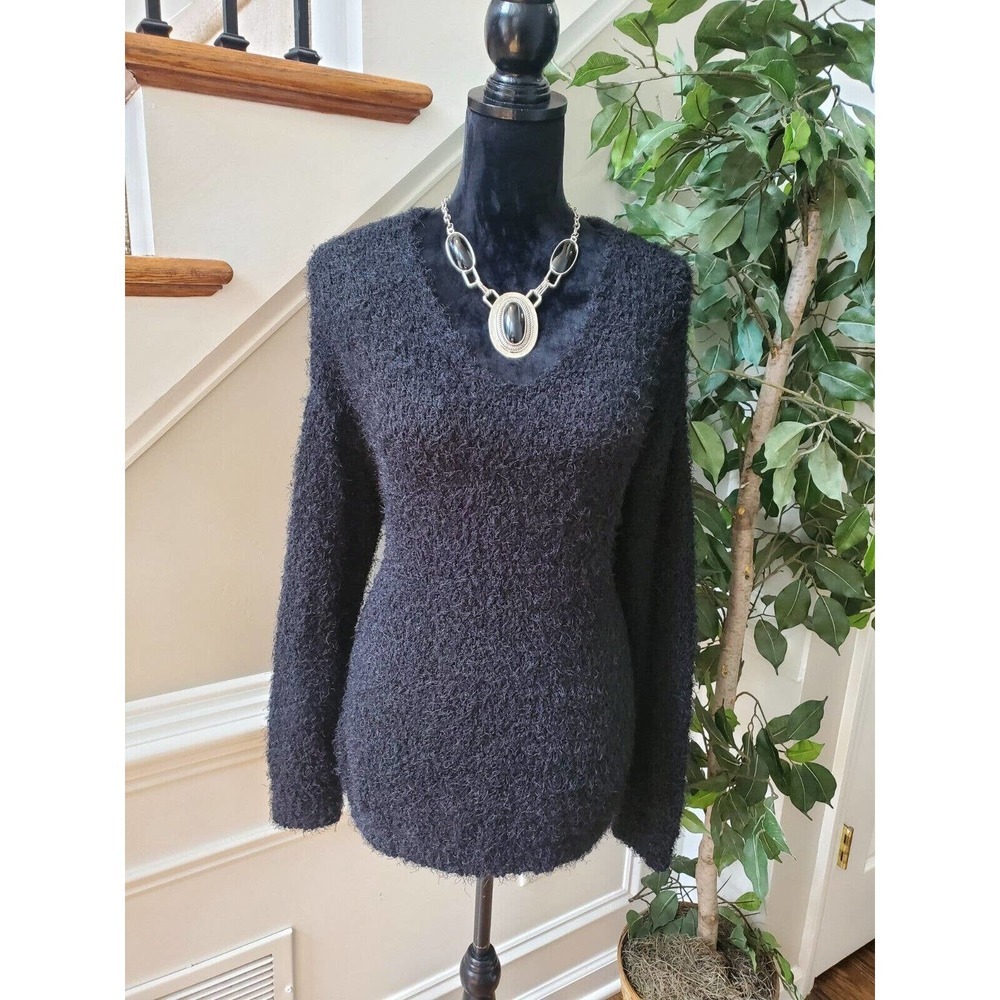 SO Women's Black Polyester V-Neck Long Sleeve Pullover Knit Sweater Size Large